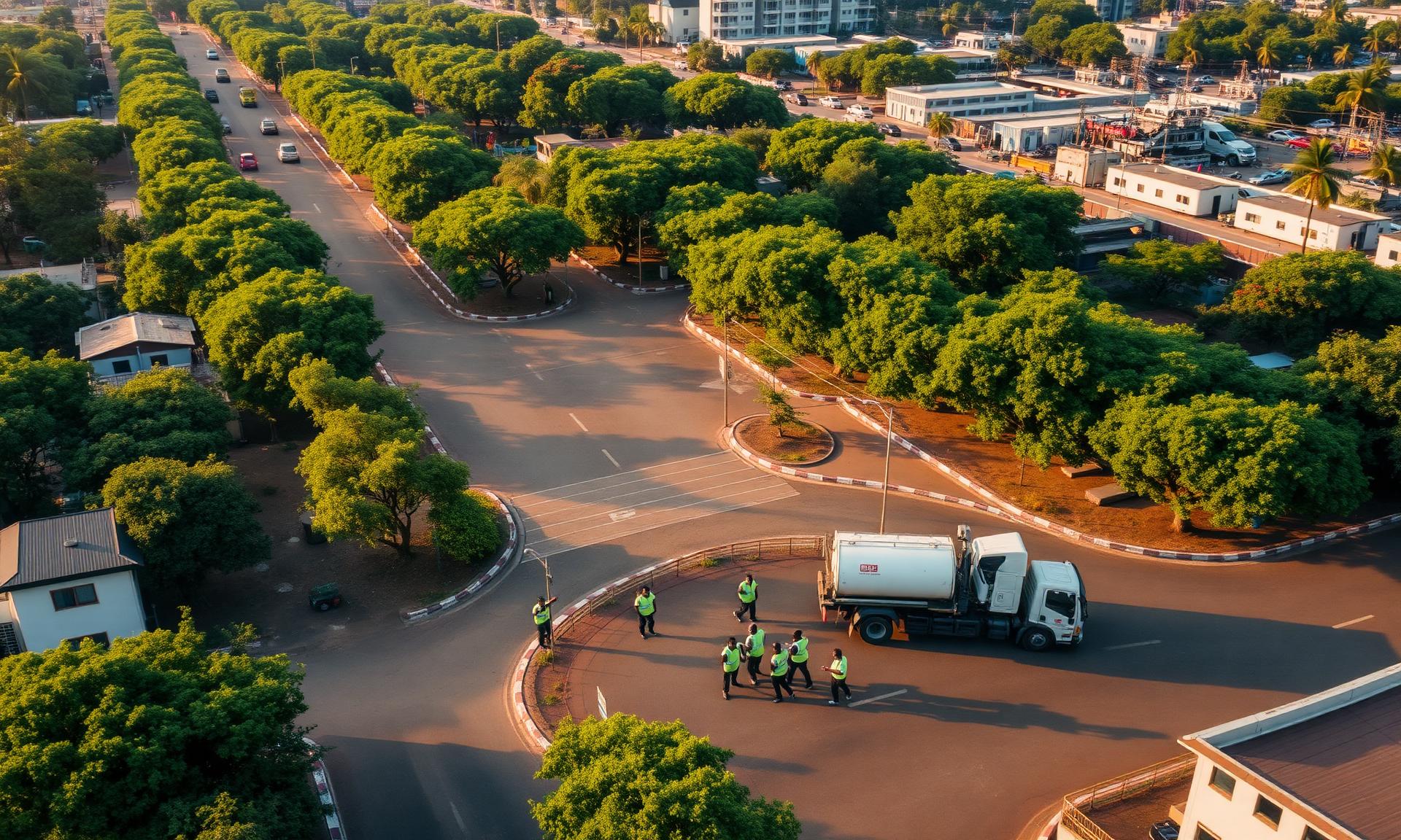 Aerial view of a clean, tree-lined district in Accra with sanitation crew